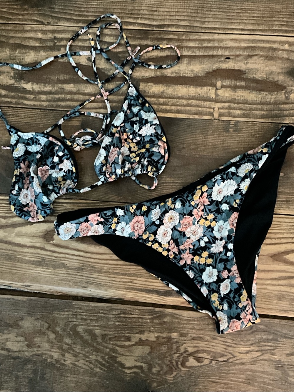 O'Neill Floral Triangle Bikini in Black with Pink, Blue & Yellow Flowers